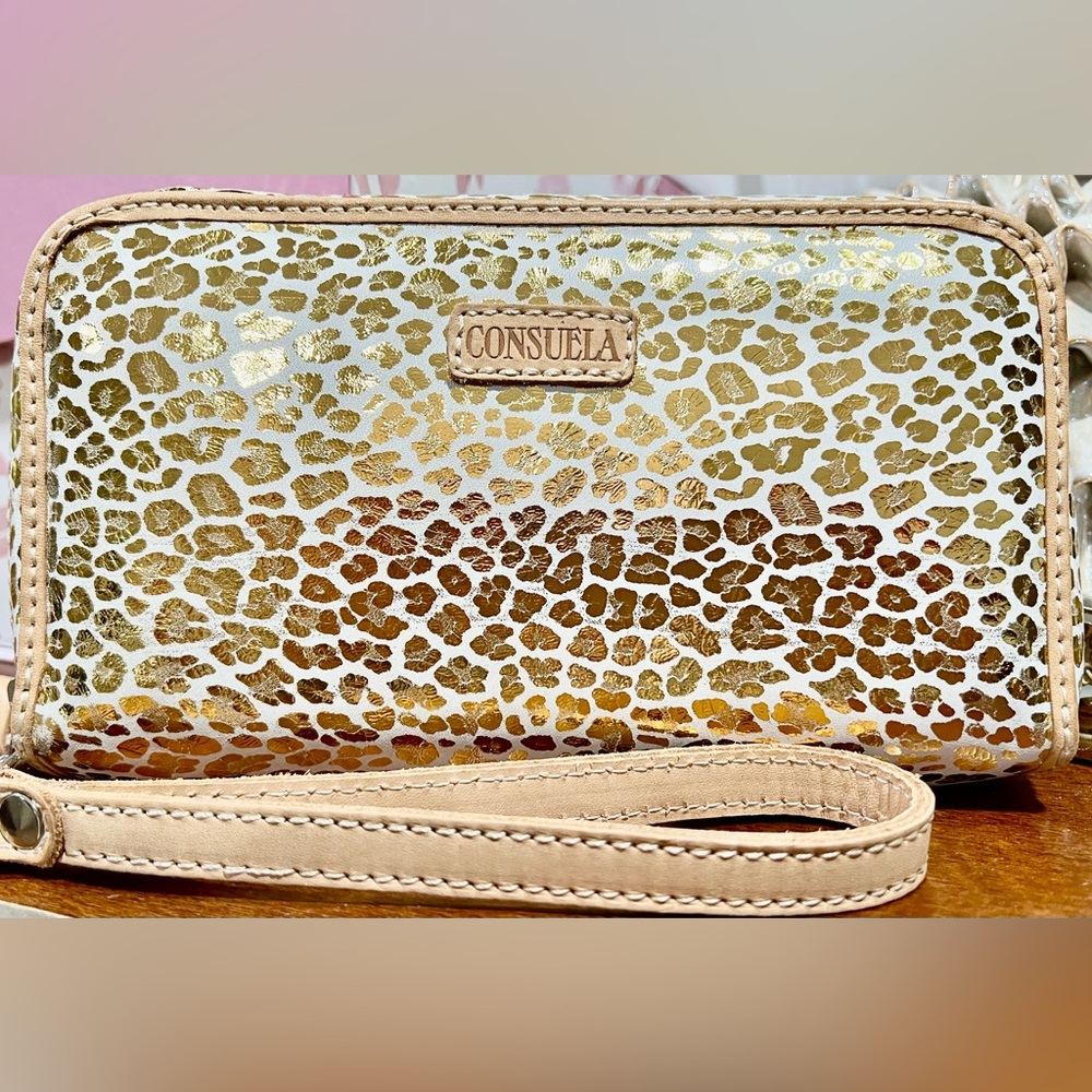 Consuela Kit (Gold and Cream Leopard) Wristlet Wallet
